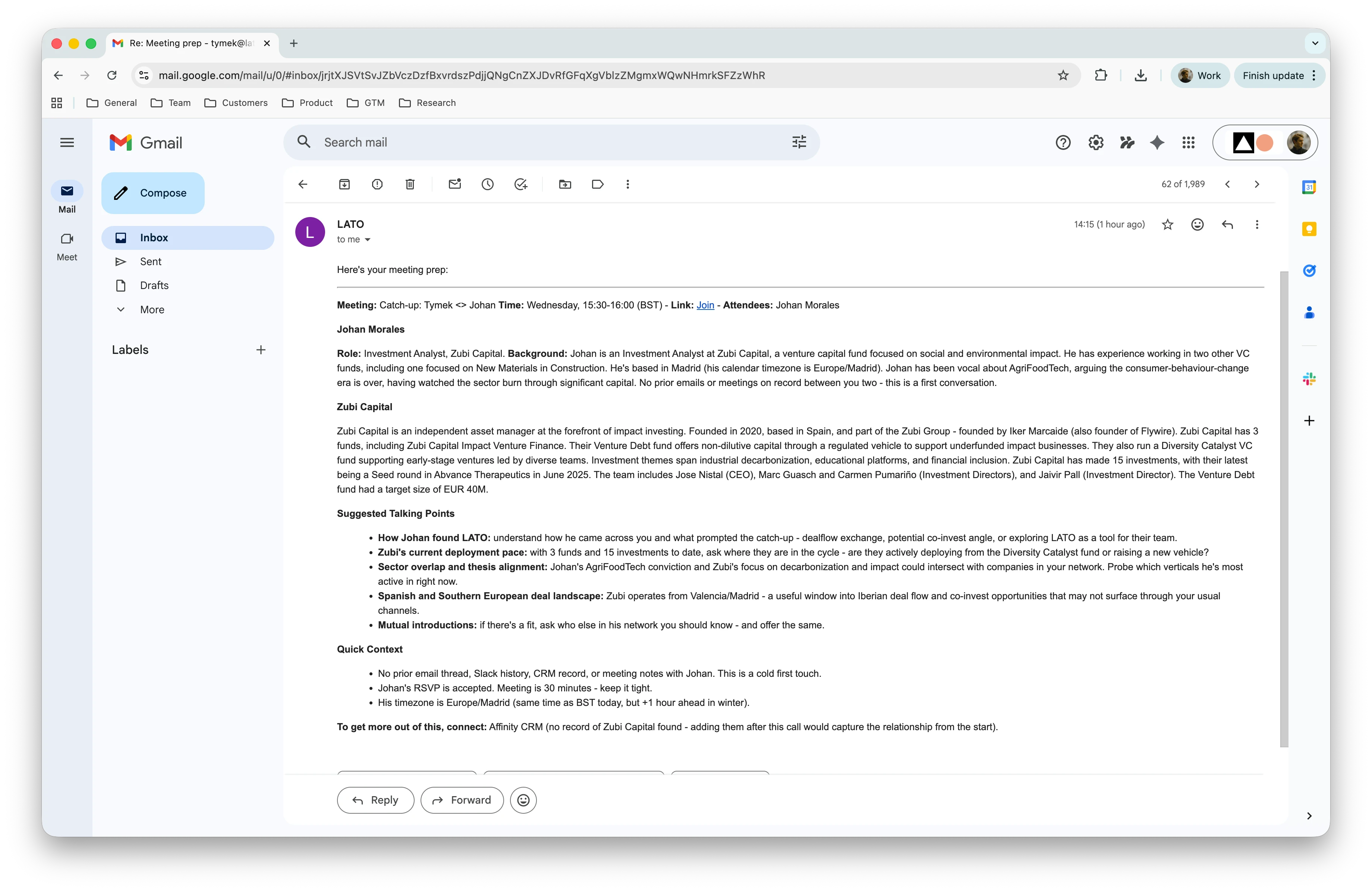 LATO preparing a deal briefing inside a Gmail thread