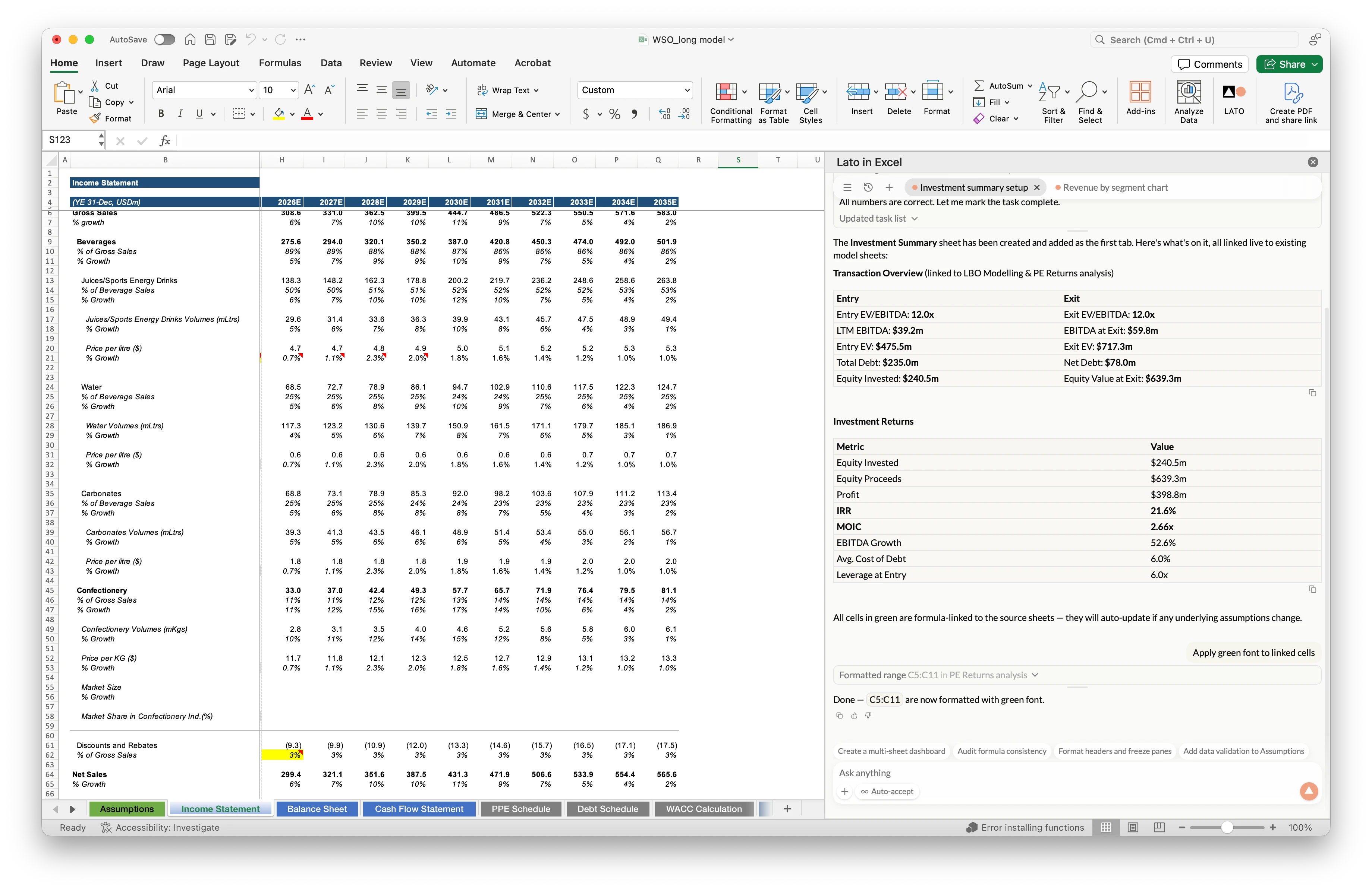 LATO add-in open next to a financial model in Excel